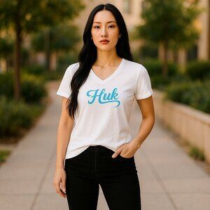 Huk V Neck Short Sleeve White T Shirt Top Blue Script Graphic Logo Womens Size L